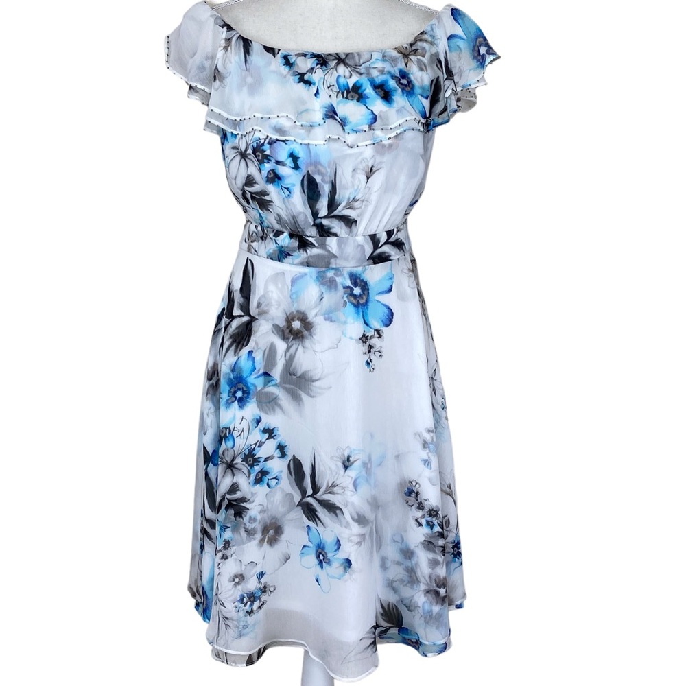 WHBM Floral Over The Shoulder Fit & Flare Dress 4 Ruffle Line Beaded Watercolor